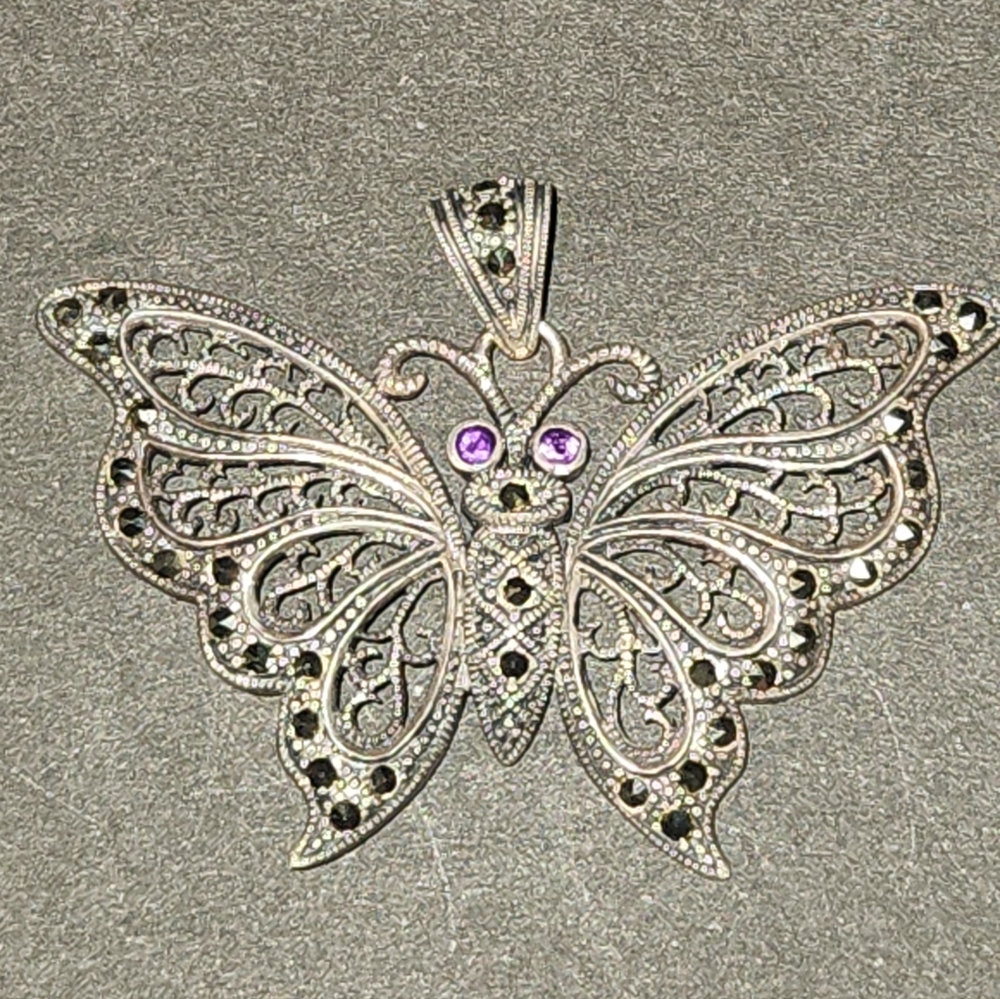 Vintage Sterling Silver Marcasite Butterfly Statement Pendant Charm Nature